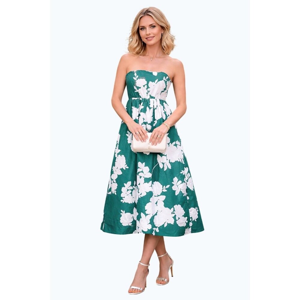 Cynthia Rowley Green & White Floral Strapless Midi Dress Elastic Smocked Back 14